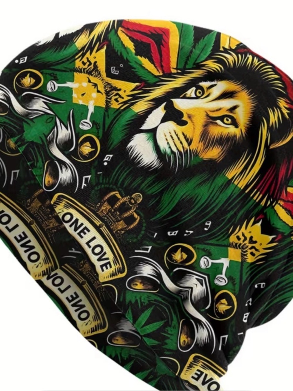 One Love Lion Graphic Slouch Beanie - Green/Black/Yellow